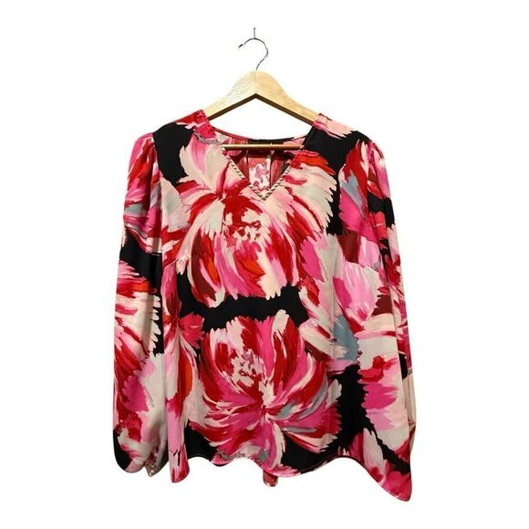 Halogen Floral Long Sleeve V-Neck Blouse Size 2X Artsy Career Office - Picture 1 of 12